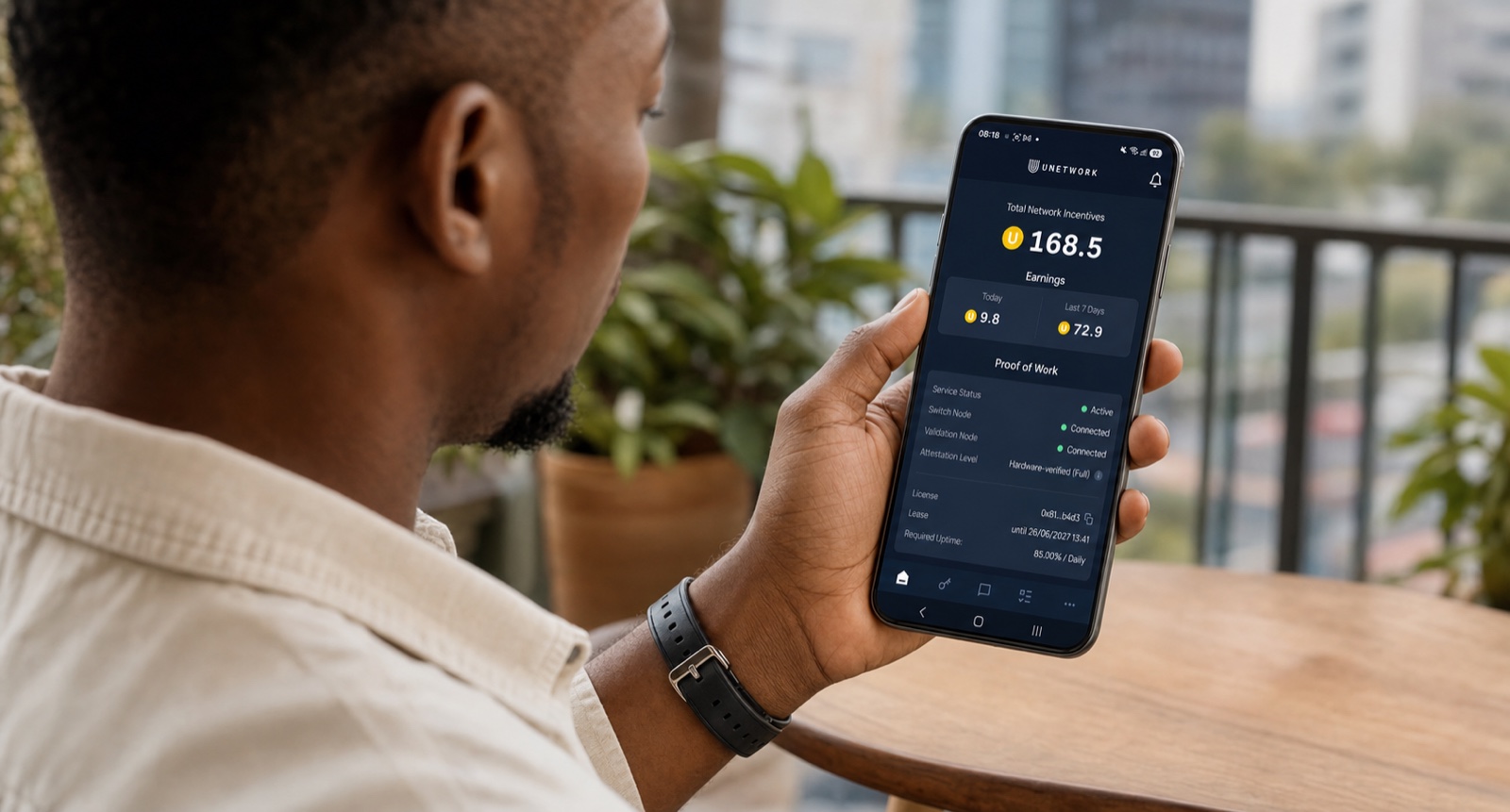 A man in Nigeria holding a phone with the Unetwork app open