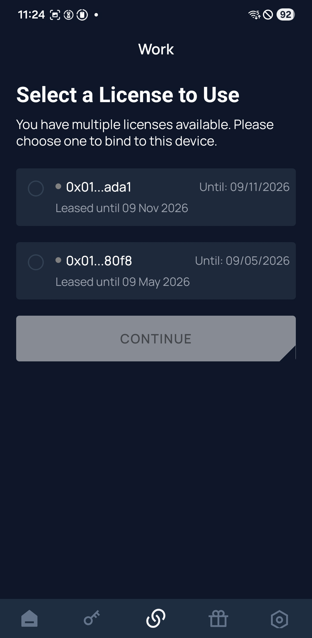 Unetwork app Work area showing available licenses to bind