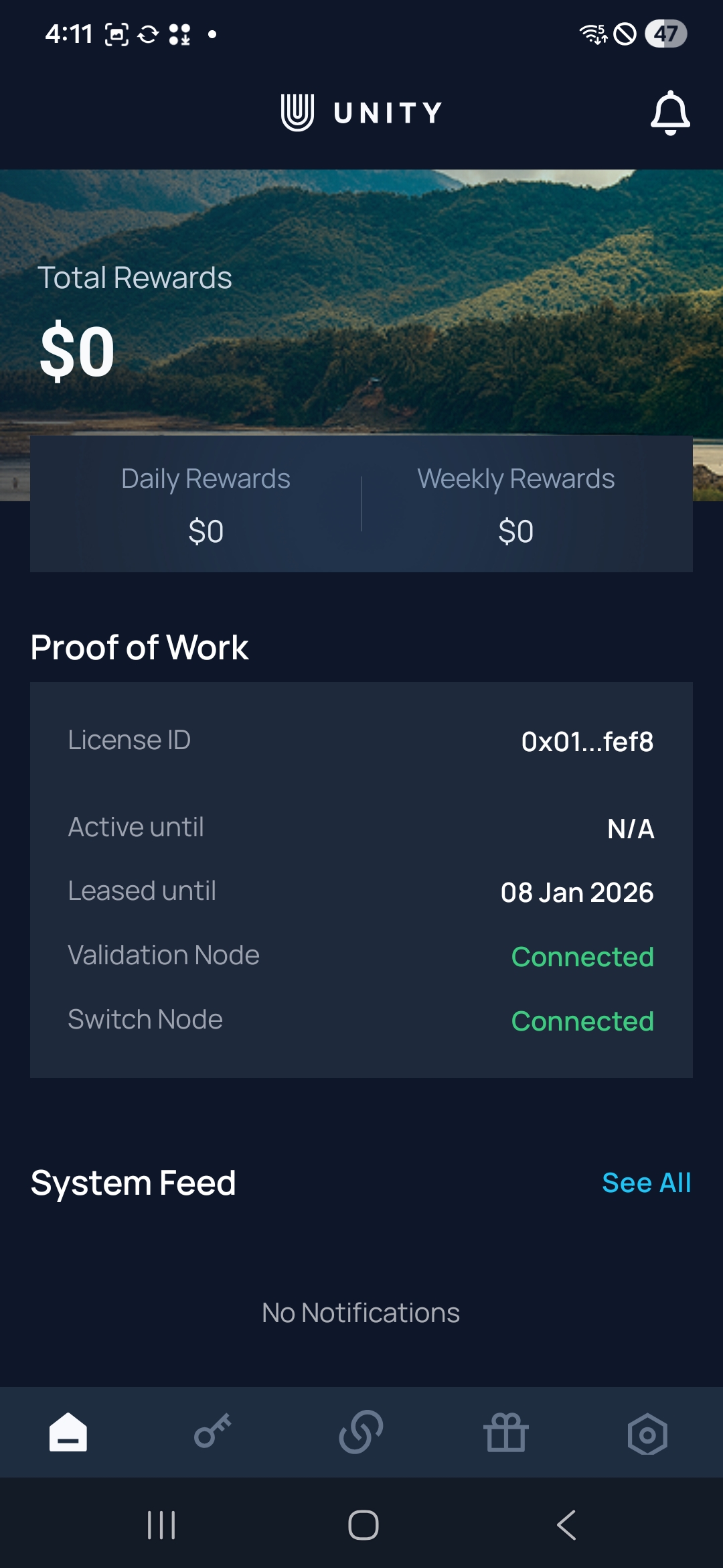 Unetwork app dashboard showing an active device