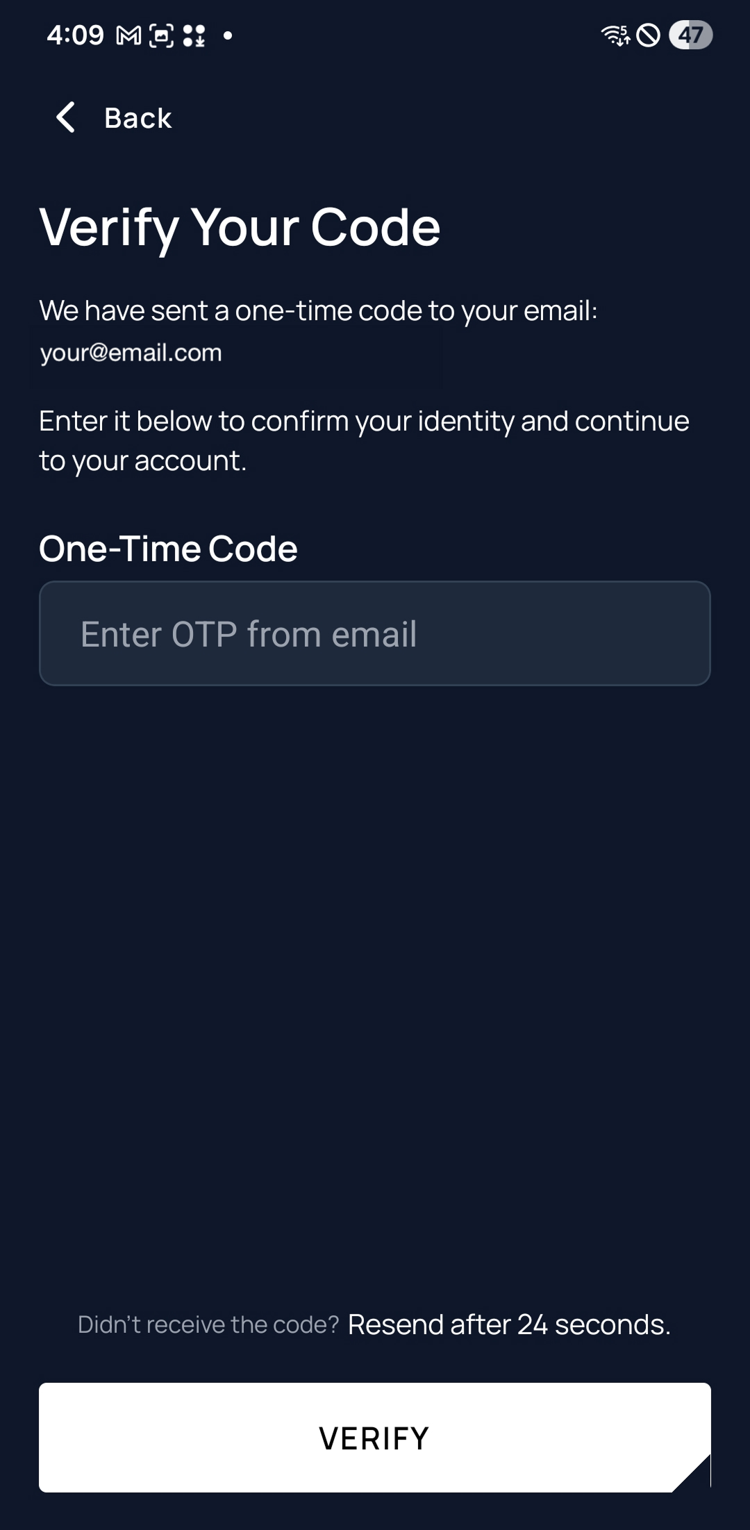 Unetwork app screen requesting the one-time passcode with resend option