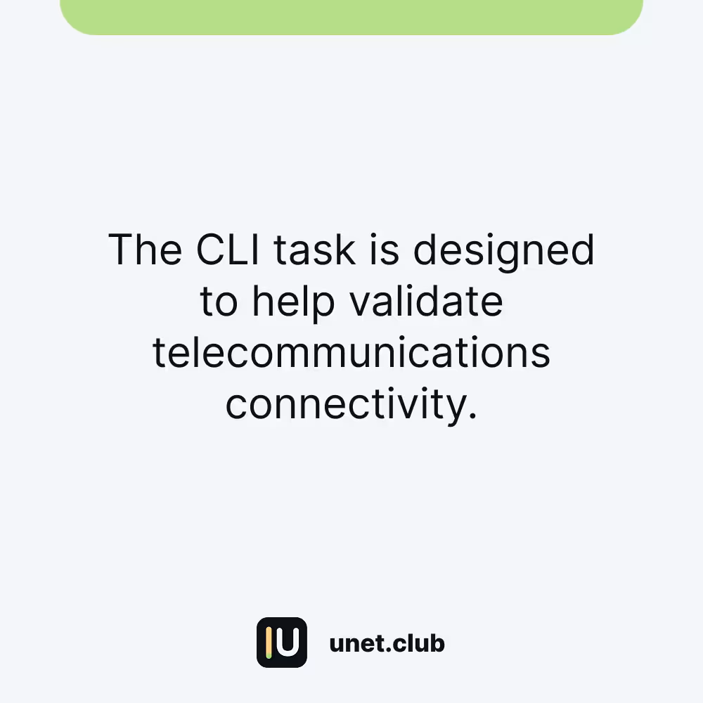 Unetwork CLI task explainer stating that CLI helps validate telecommunications connectivity